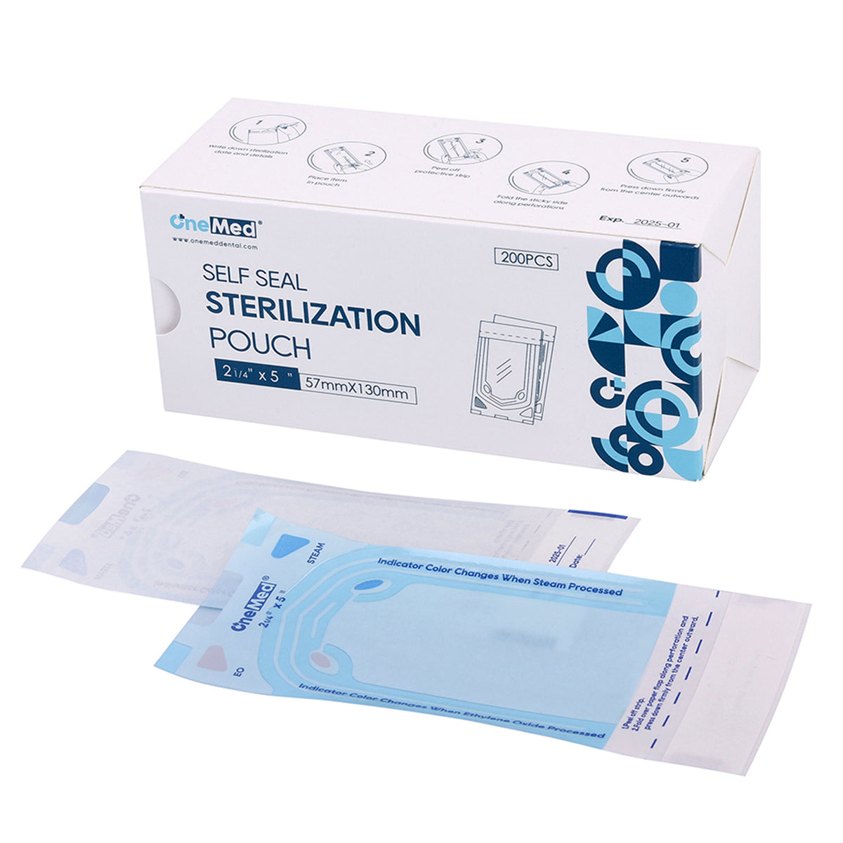 OneMed 2.25"x4" Self-Sealing Sterilization Pouches for Autoclave 200/Box