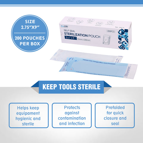 OneMed 2.75"x9" Self-Sealing Sterilization Pouches for Autoclave 800(4 Boxes)