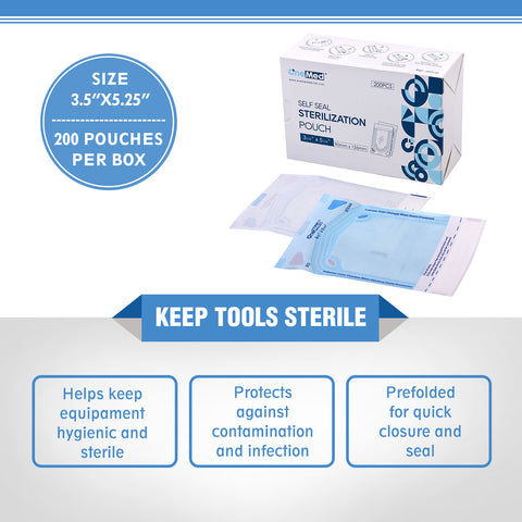 OneMed 3.5"x5.25" 2000 (10 Boxes) Self-Sealing Sterilization Pouches for Autoclave