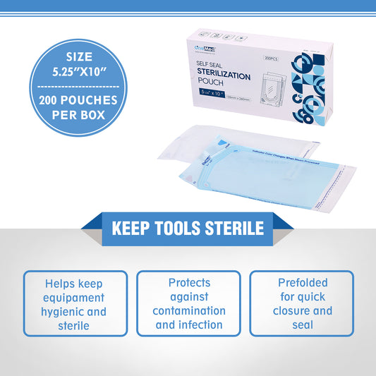 OneMed 5.25"x10" Self-Sealing Sterilization Pouches for Autoclave 200/Box