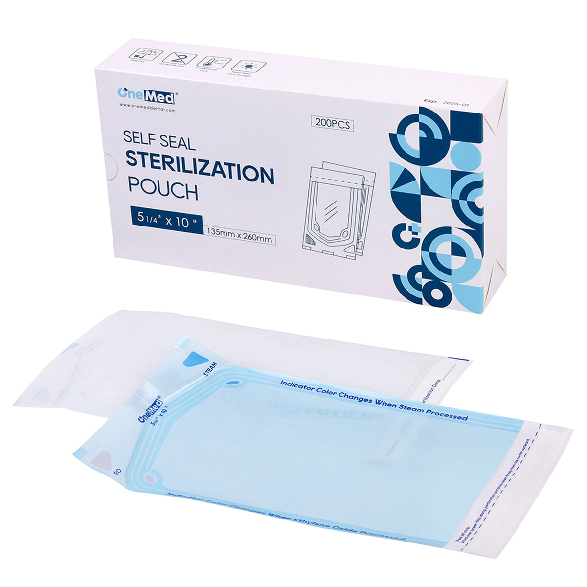 OneMed 5.25"x10" Self-Sealing Sterilization Pouches for Autoclave 200/Box